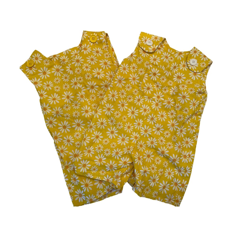 Vintage Handmade Daisy Floral Cotton Rompers Yellow White Set of 2 Kids Baby 70s